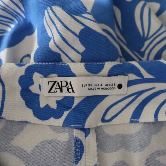Zara Women's Blue/White Sz 4 Printed Floral High Waist Slim Fit Trouser Pants - Picture 10 of 12